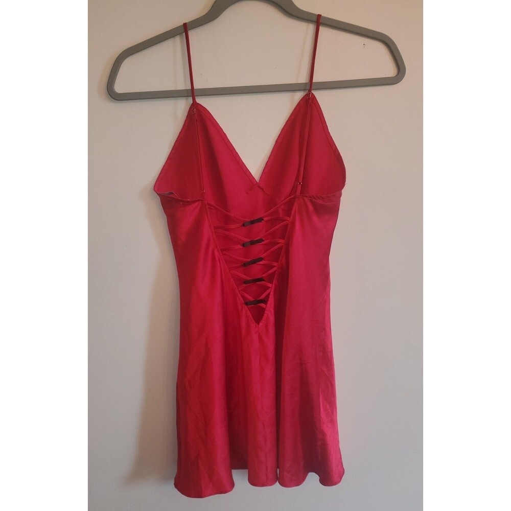 Victoria's Secret Red Satin Slip Dress Lace Up Bow Back Coquette Small 246615